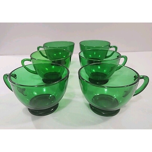 Vintage (8 oz) Anchor Hocking Set (6) Forest Green Glass Coffee Punch Tea Cups - Picture 1 of 10
